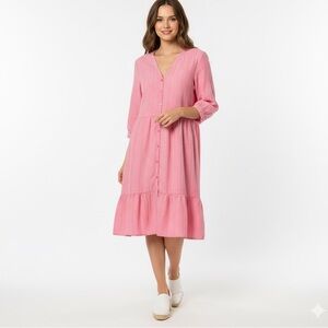 Old Navy Pink Striped Linen Blend Button Front Midi Peasant Dress M summer dress